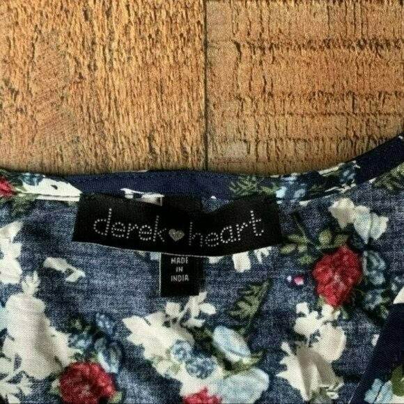 Derek Heart Floral Print Tie Short Sleeve Button-Front Navy Dress Adjustable - Picture 5 of 9